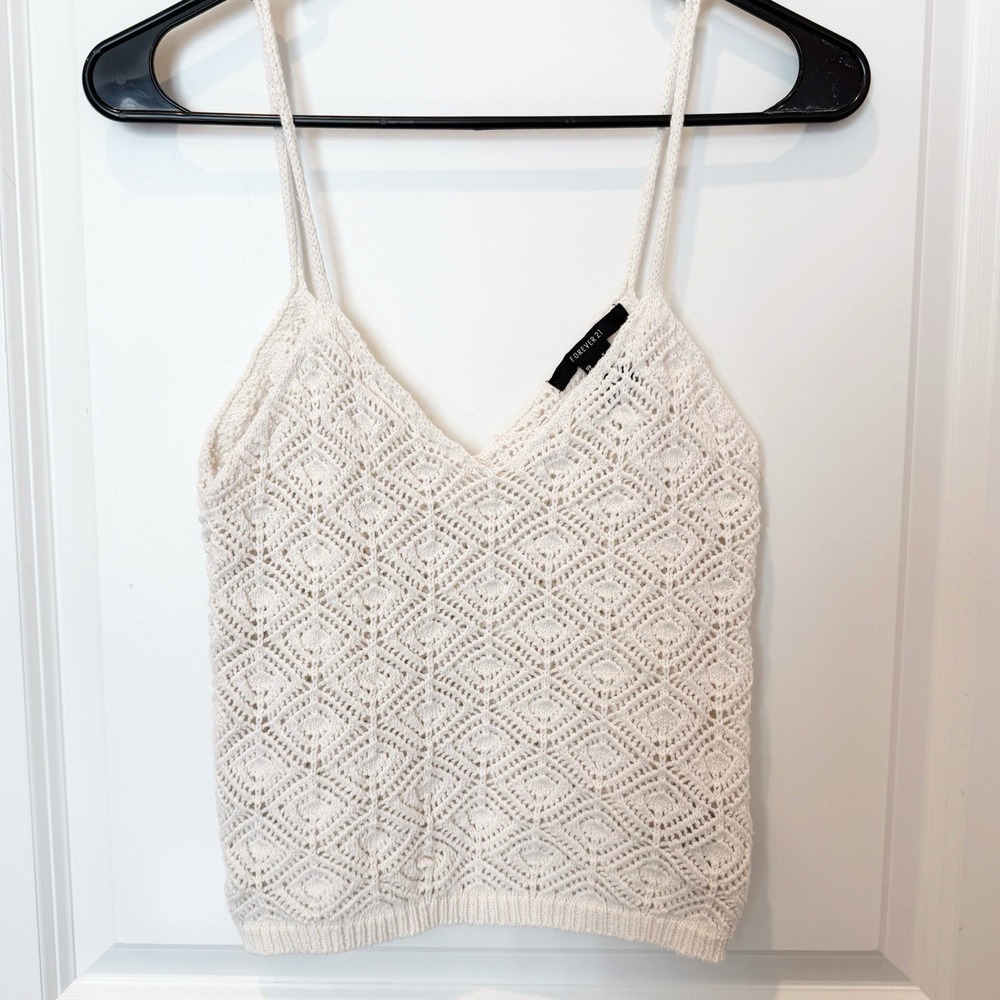 Womens White Open Knit Cami Tank Top Small Boho Festival Indie Cropped Coastal